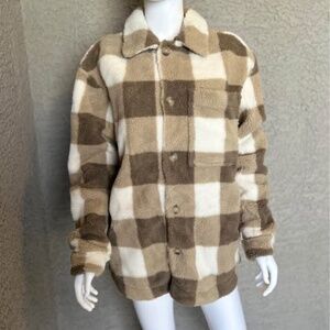 H&M Brown and Cream Checkered Sherpa Jacket